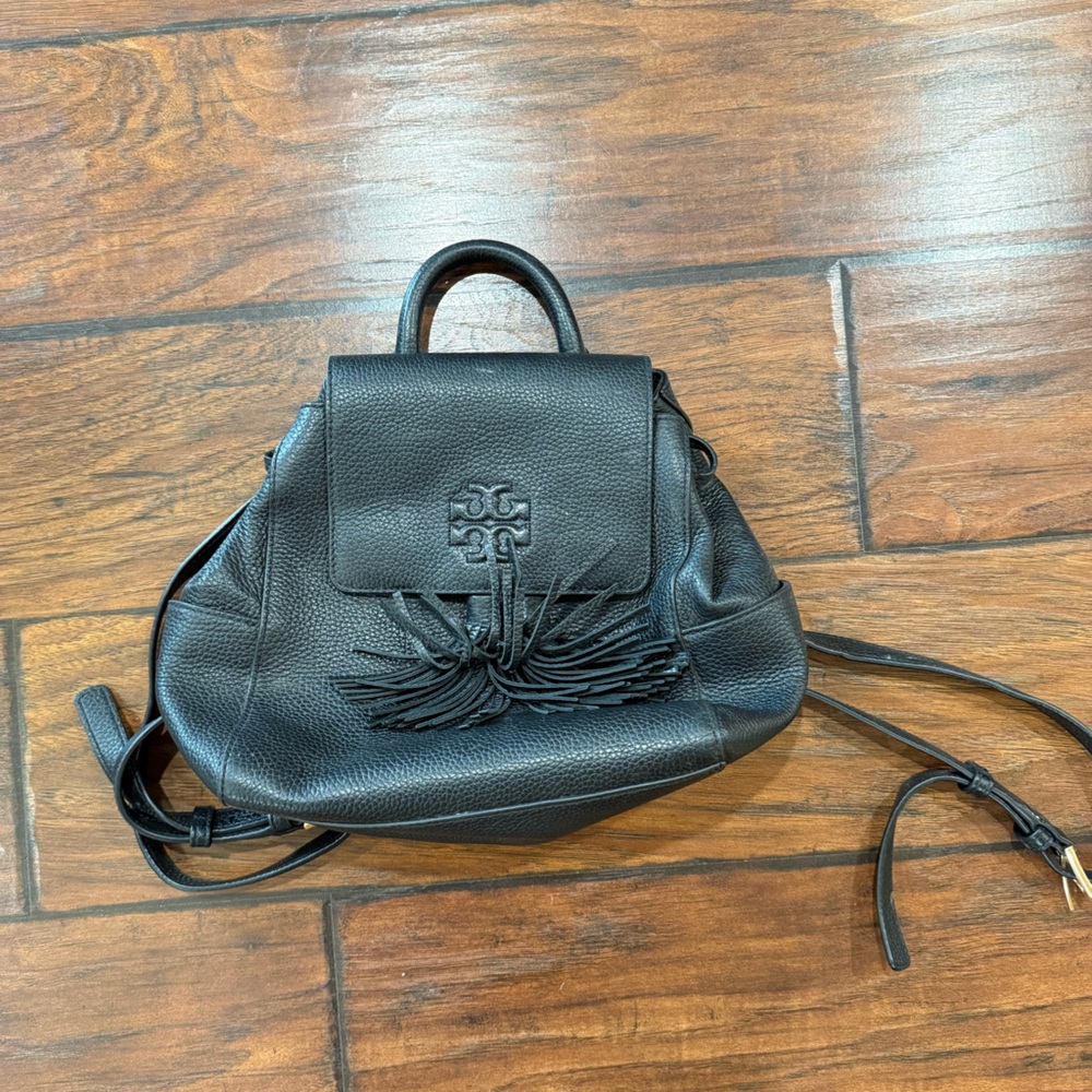 Tory Burch Black Leather Backpack with Fringe